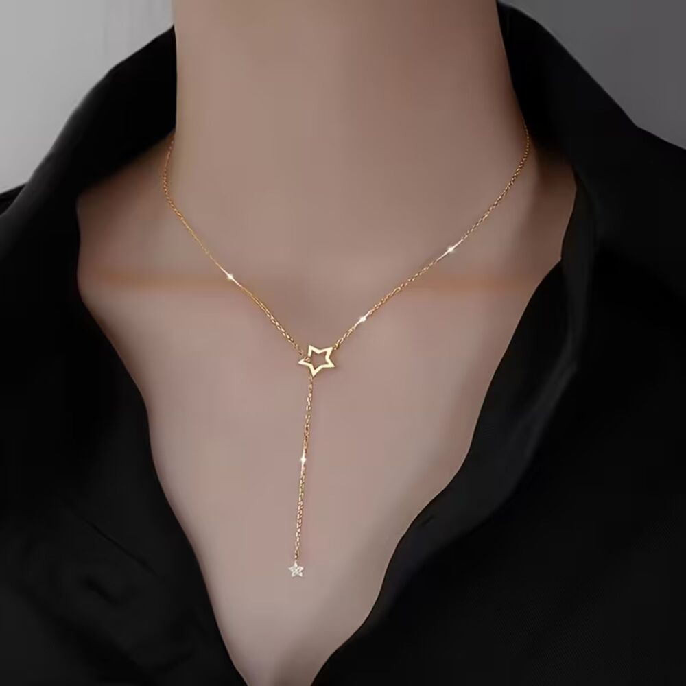 22K Gold Plated Star Y-Drop Necklace Adjstbl Open Pendant Dangle Charm Celestial